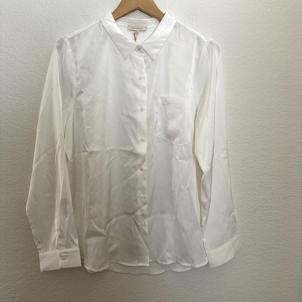 NEW Skies Are Blue Blouse Womens Large Silky Satin Button Down Collared Blouse